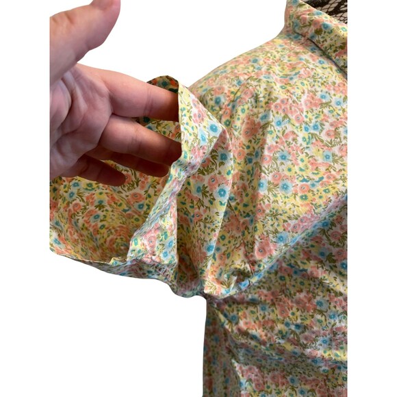 Vintage 90s Shirt Button Up Collar Short Sleeve Floral Yellow Pink Blue Cotton M - Picture 9 of 16